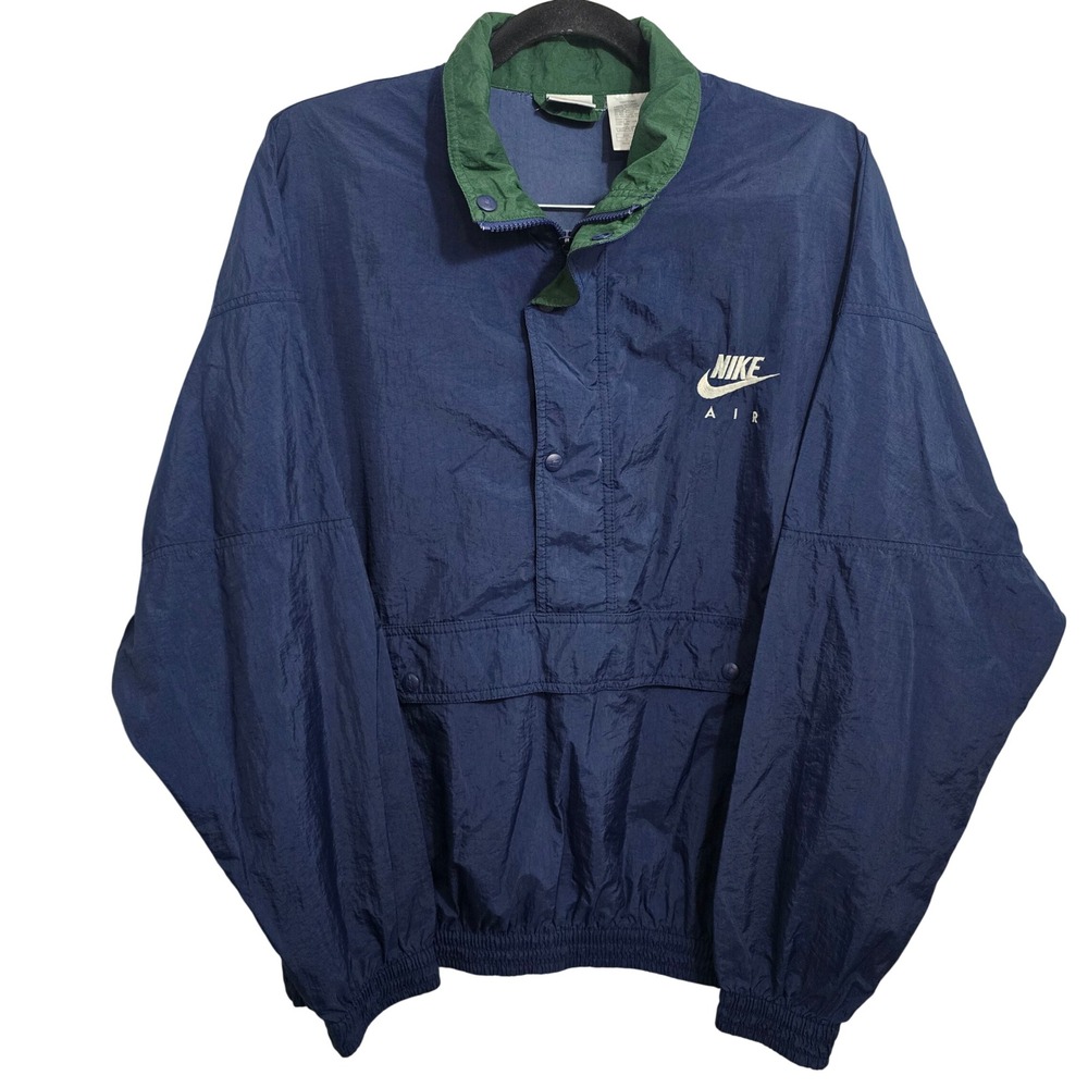 Vintage 90s Nike Air Windbreaker Jacket Mens Medium Navy Blue Green Pullover